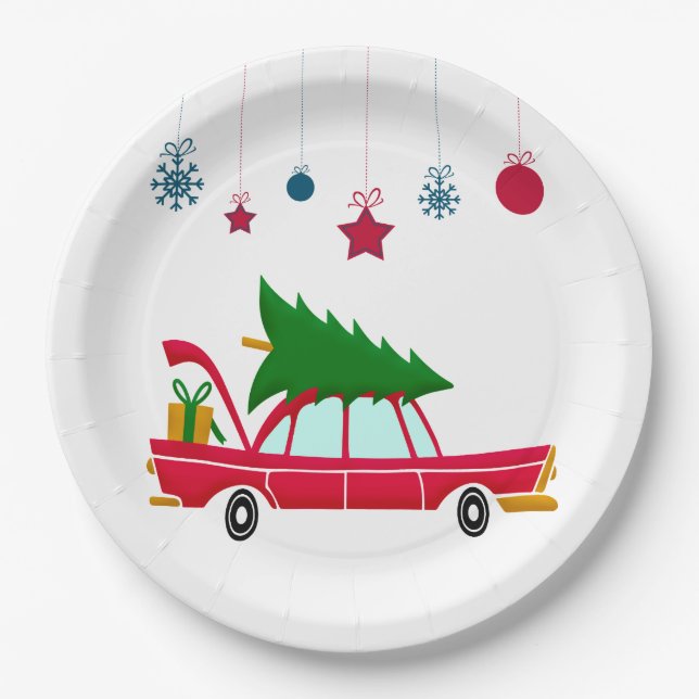 Assiettes En Carton Voiture rouge rétro portant un arbre de Noël (Devant)
