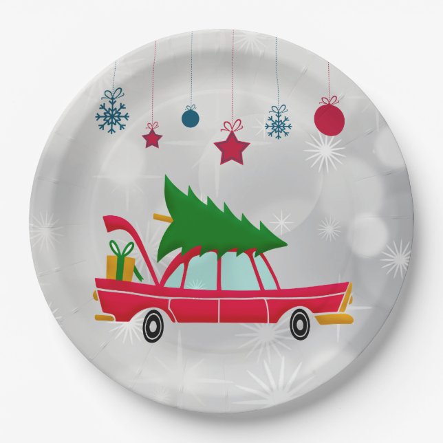 Assiettes En Carton Voiture rouge rétro portant un arbre de Noël (Devant)