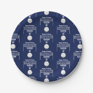 Assiettes En Carton Volleyball Ball & Net Marine Blue Anniversaire Nom