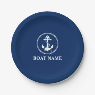 Assiettes En Carton Votre nom de bateau Ancre avec corde Marine Blue 7