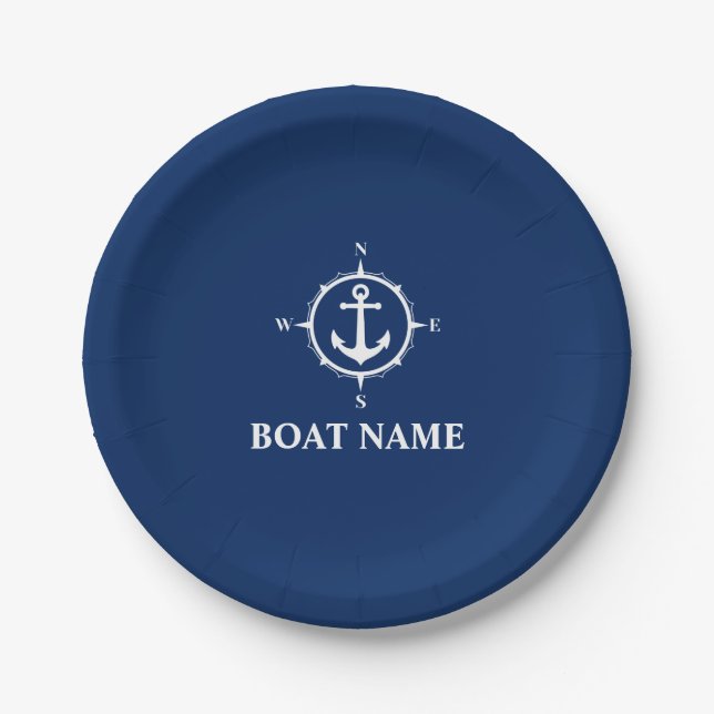 Assiettes En Carton Votre nom de bateau Compass Ancre Navy Blue 7" (Devant)