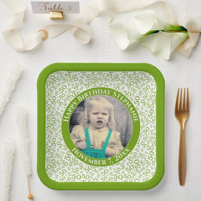 Assiettes En Carton Votre photo 50 Random Number Motif Vert/Blanc (Mariage)