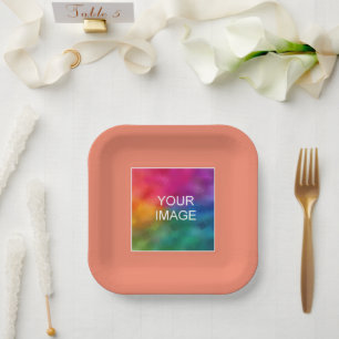 Assiettes En Carton Votre Photo Ou Logo Ici Saumon Peach Carré