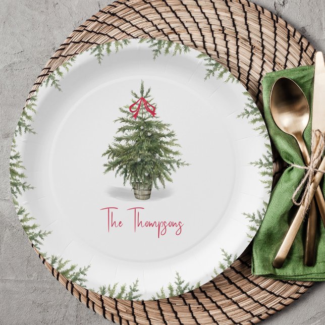Assiettes En Carton Watercolor Christmas Tree Personalized  (Christmas party personalized watercolor party paper plate.)