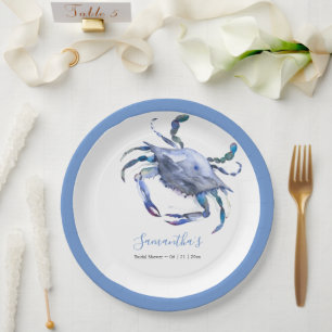 Assiettes En Carton Watercolor Crab Dusty Blue Beach Fête des mariées