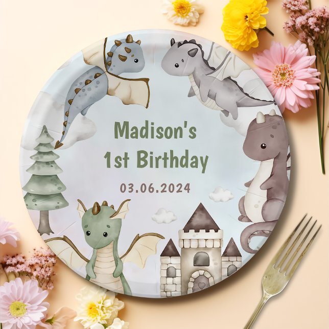 Assiettes En Carton Watercolor Cute Dragon Anniversaire (Créateur téléchargé)