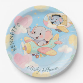 Assiettes En Carton Watercolor Elephant Airplane Baby Shower Plate