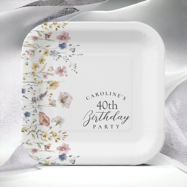 Assiettes En Carton Watercolor Fleurs sauvages Floral 40e fête d'anniv (Créateur téléchargé)