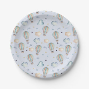 Assiettes En Carton Watercolor Hot Air Balloon Party en bleu