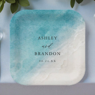 Assiettes En Carton Watercolor Ocean Summer Blue Beach Wedding