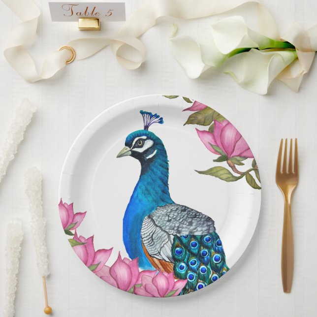 Assiettes En Carton Watercolor peacock (Mariage)