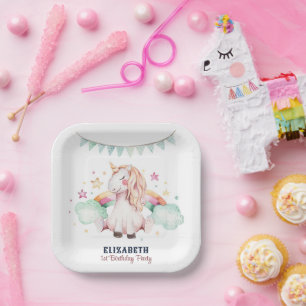 Assiettes En Carton Watercolor Rainbow Unicorn Girl Birthday Party