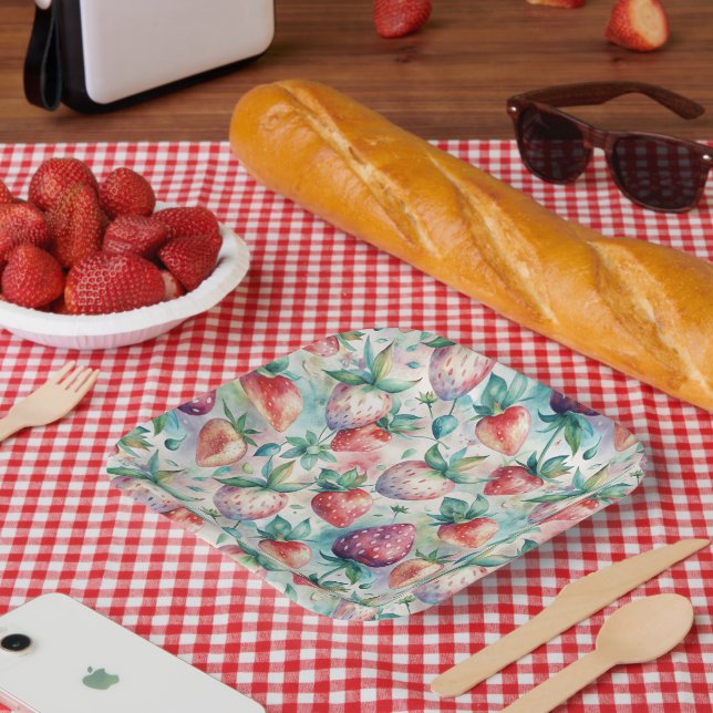 Assiettes En Carton Watercolor Strawberry (Pique-nique)