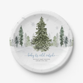 Assiettes En Carton Watercolor Winter Forest Baby shower bleu