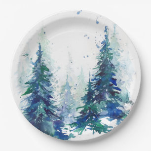 Assiettes En Carton Watercolor winter forest Christmas tree