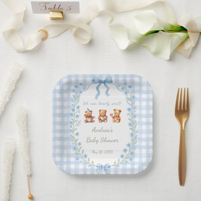 Assiettes En Carton We Can Bearly Wait Blue Gingham Baby Shower  (Mariage)