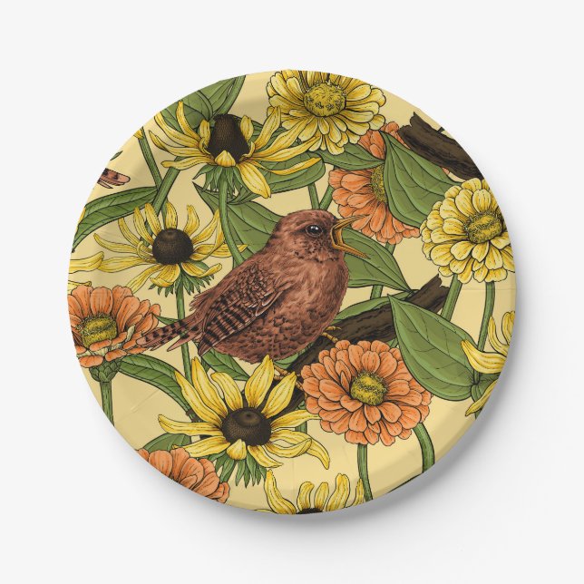 Assiettes En Carton Wens et fleurs sur jaune pâle (Devant)