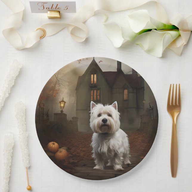 Assiettes En Carton West Highland White Terrier Halloween effrayant (Mariage)