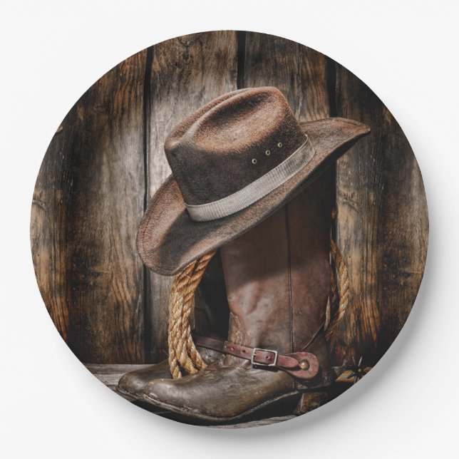 Assiettes En Carton western country brun grange bois cowboy bottes (Devant)