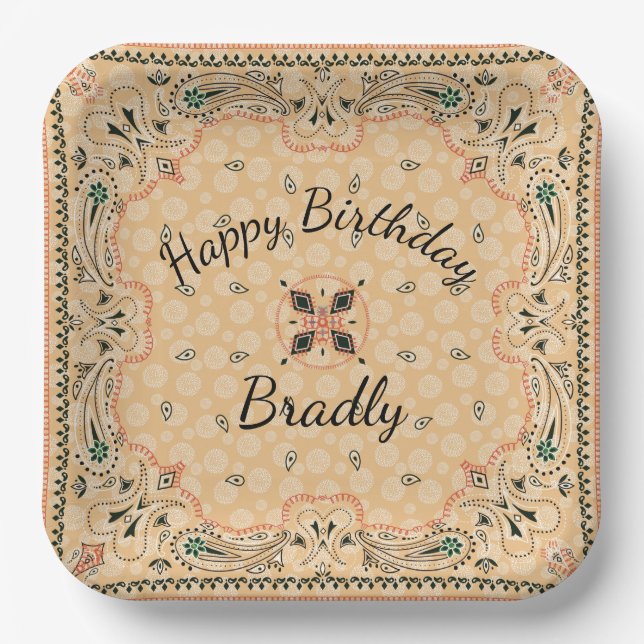Assiettes En Carton Western Paisley Gold Bandana Custom 9" (Recto)