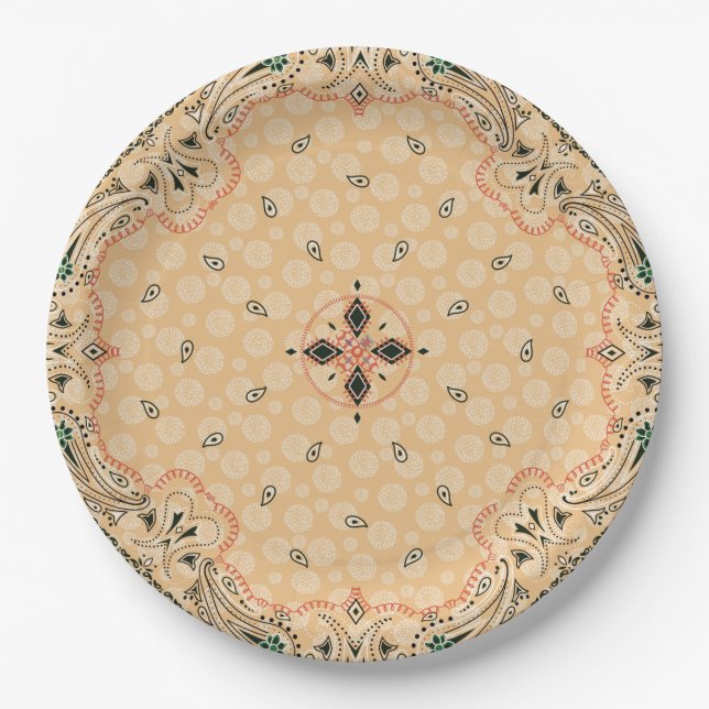 Assiettes En Carton Western Paisley Gold Bandana Print Party 9" (Devant)