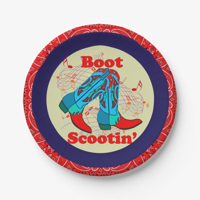 Assiettes En Carton Western Party Cowboy Boot Scootin" Danse Rouge (Devant)