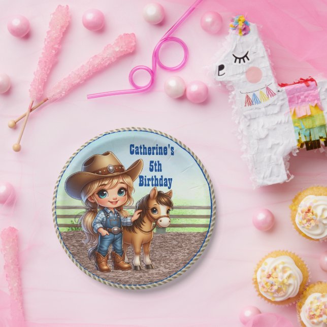 Assiettes En Carton Western Party Little Cowgirl Avec Cheval Personnal (Fête)