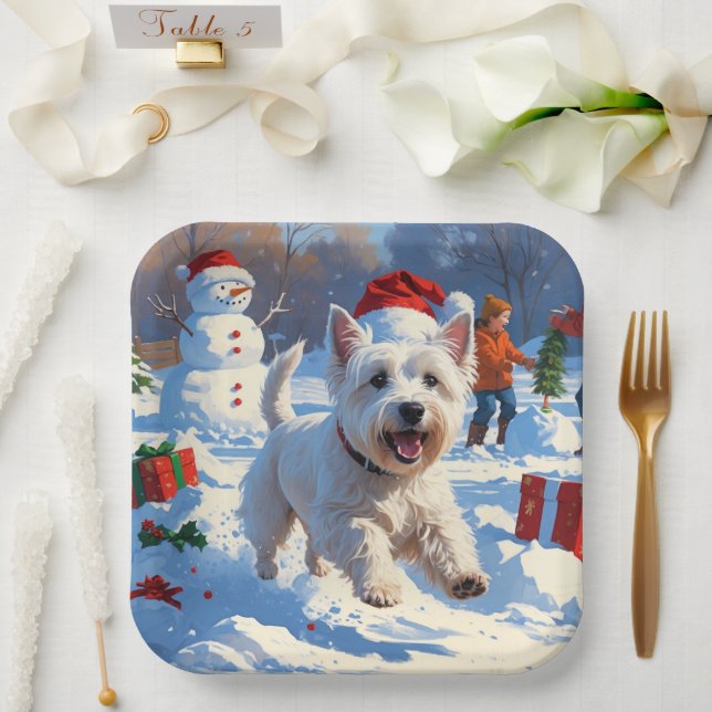 Assiettes En Carton Westie coule en neige avec le Casquette de Noël (Mariage)