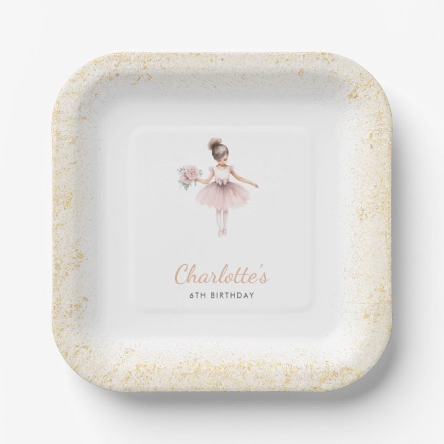 Assiettes En Carton Whimsical Ballerina Anniversaire Fille rose Floral (Recto)