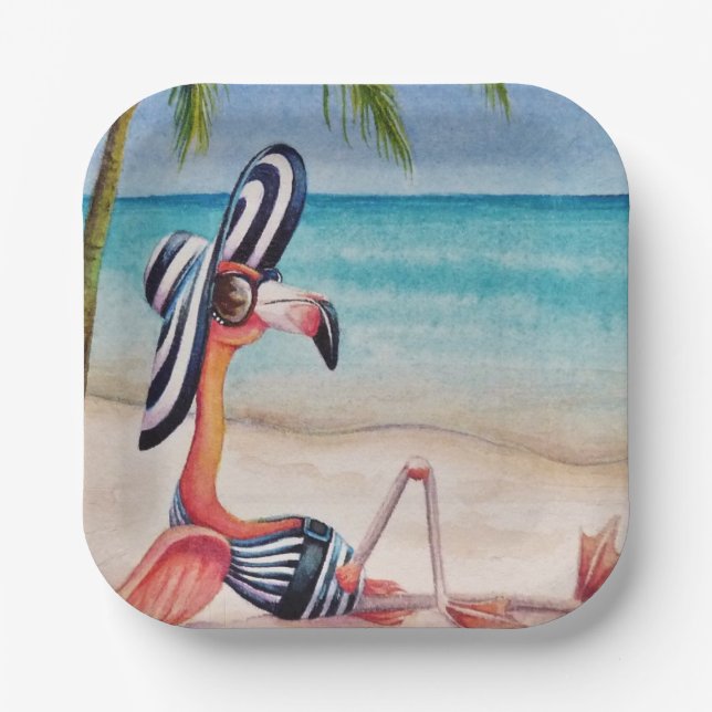 Assiettes En Carton Whimsical Beach Babe Flamant rose No 1 Aquarelle A (Recto)