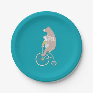 Assiettes En Carton Whimsical Bunny and Bear Riding a Bike