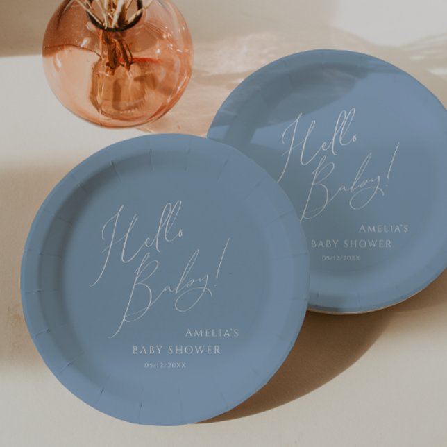 Assiettes En Carton Whimsical Dusty Bleu Bonjour bébé! Baby shower (Créateur téléchargé)