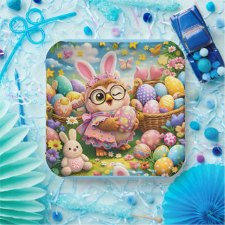 Assiettes En Carton Whimsical Easter bunny and colourful eggs
