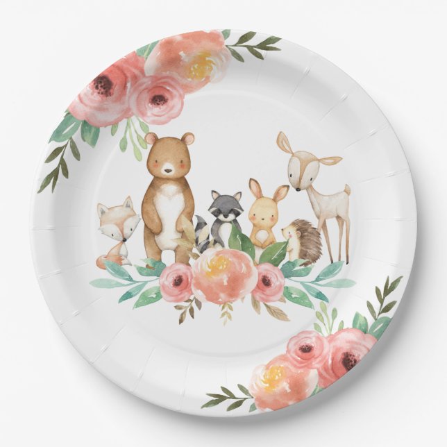 Assiettes En Carton Whimsical Floral Bois Animaux Anniversaire Bébé  (Devant)