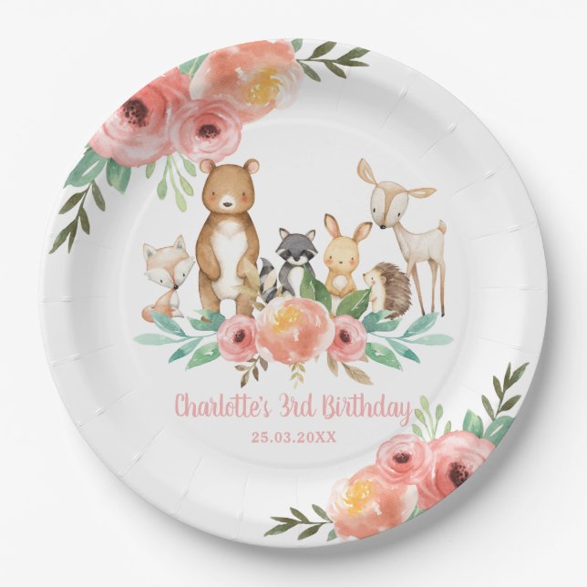 Assiettes En Carton Whimsical Floral Woodland Animaux Anniversaire Fil (Devant)