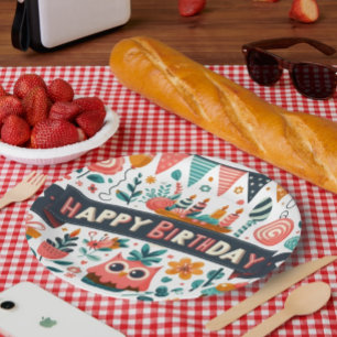 Assiettes En Carton Whimsical Folk Art Joyeux Chouette d'anniversaire
