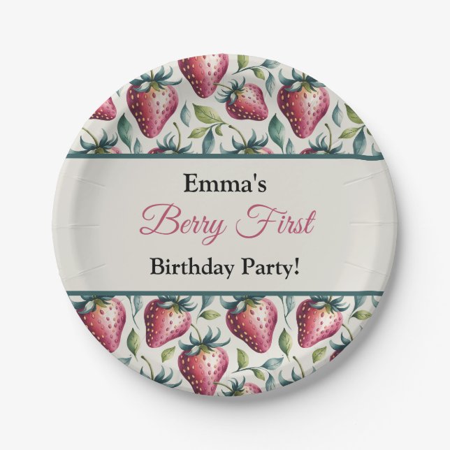 Assiettes En Carton Whimsical Green Strawberry Nom de l'anniversaire (Devant)
