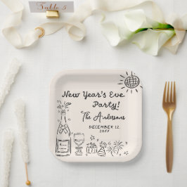 Assiettes En Carton Whimsical Hand Drawn New Year's Eve Party