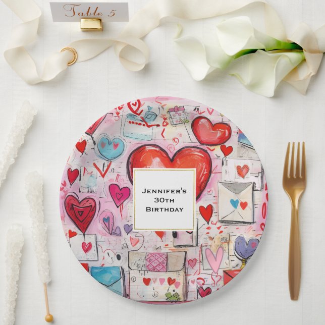 Assiettes En Carton Whimsical Hearts and Love Letters Motif Anniversai (Mariage)