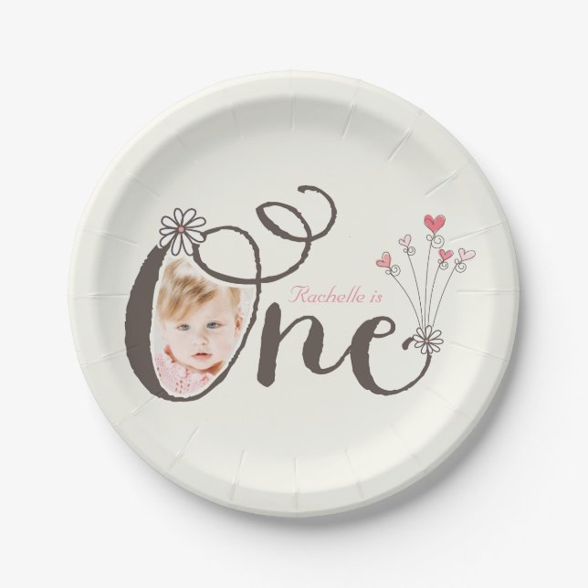 Assiettes En Carton Whimsical One Rose Baby Girl 1er anniversaire Phot (Devant)