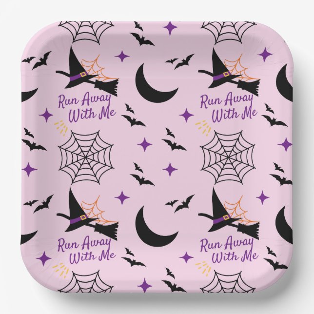 Assiettes En Carton Whimsical "Run Away With Me" Halloween Witch & Bat (Recto)