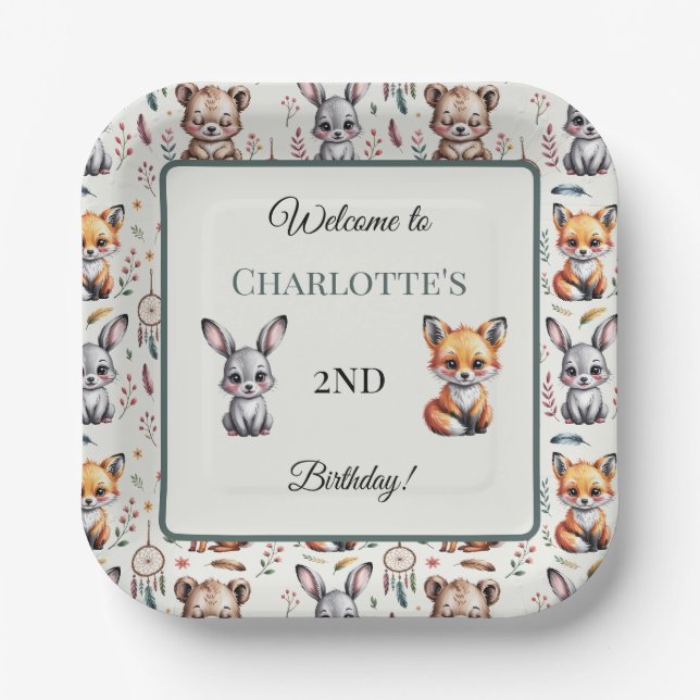 Assiettes En Carton Whimsland Woodland Boho Nom de l'anniversaire (Recto)