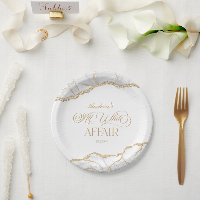 Assiettes En Carton White Gold Agate All White Affair Birthday Party (Mariage)