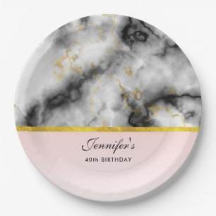 Assiettes En Carton White Gray Marble with Gold Ribbon