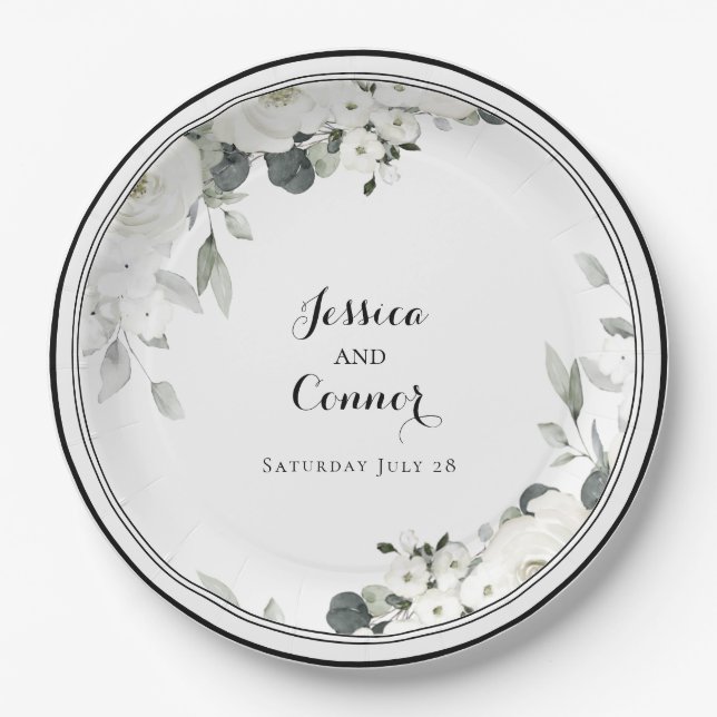 Assiettes En Carton White Peony Greenery Mariage 9 pouces Dîner (Devant)
