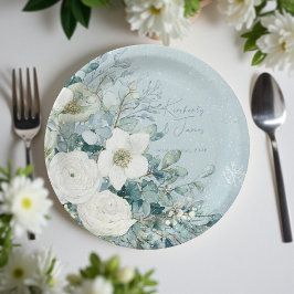 Assiettes En Carton White Roses Hellebores Silver Eucalyptus Wedding