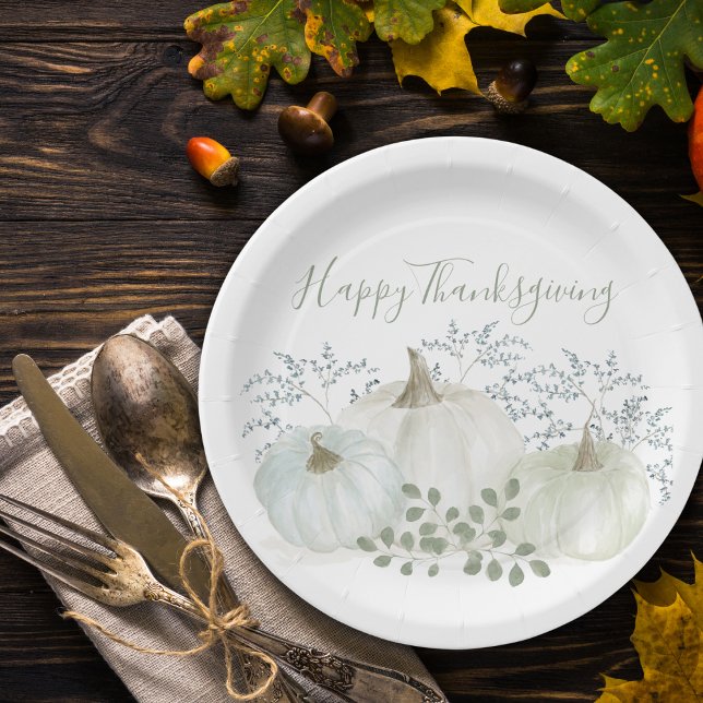 Assiettes En Carton White Watercolor Citrouilles Thanksgiving (Créateur téléchargé)