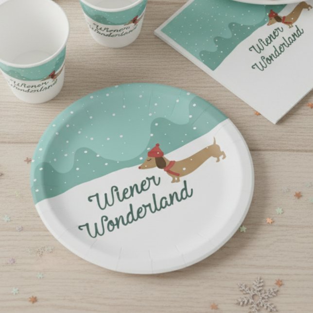 Assiettes En Carton Wiener Wonderland Dachshund Plaques de fête de Noë (Dachshund Christmas party plates - Wiener Wonderland)