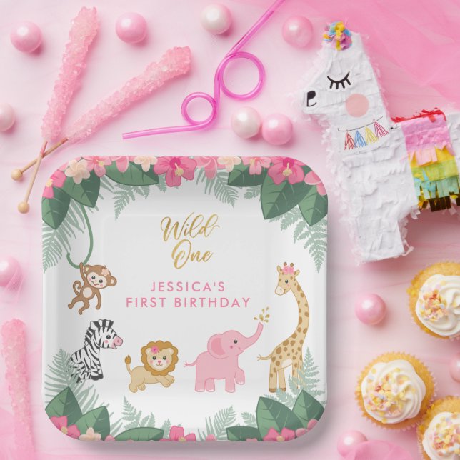 Assiettes En Carton Wild ONE - Pink Safari Girl's premier anniversaire (Fête)