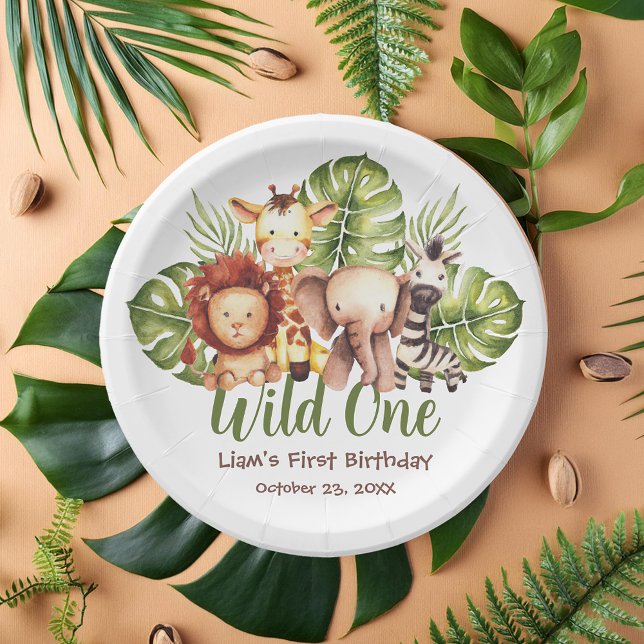 Assiettes En Carton Wild One Safari Animaux Végétation Premier anniver (Créateur téléchargé)
